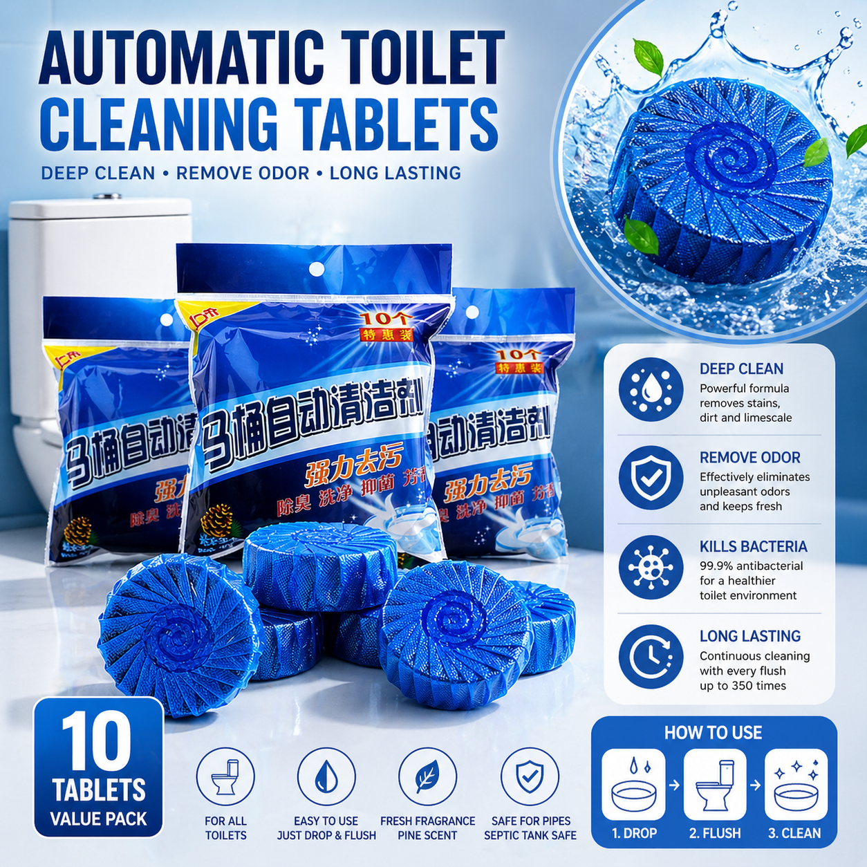 Blue Commode Cleaning Tablet। লেবুর ঘ্রাণের সুবাস ছড়ায়