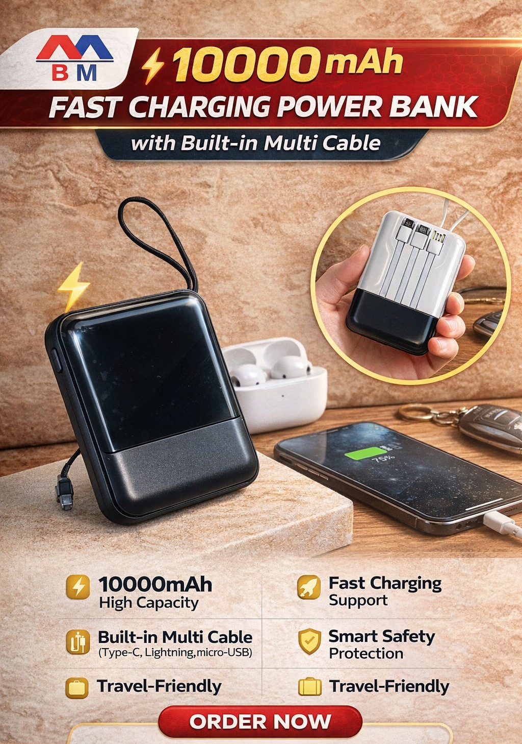 🔋 10000mAh Fast Charging Power Bank-(মাল্টি কেবল সাপোর্টসহ)